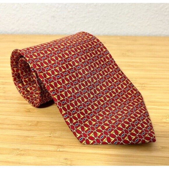 VTG Burberrys Mens Tie Red Gold Chain 100% Silk Neck Printed Pattern - Picture 1 of 6